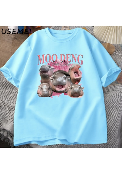 Flood Of Style Moo Deng Fan Kulübü T Shirt Erkekler Komik Pamuk Tayland Kısa Kollu T-shirt Erkek Tasarımcı K Mavi