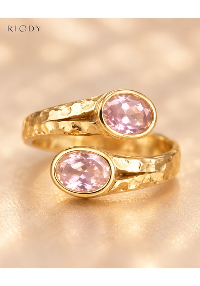 Riody Regard Rosé Gold Kaplama Pembe Kedi Gözü Taşlı Ayarlanabilir Açık Kadın Yüzük Altın Sarısı