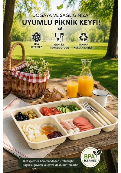 5 Bölmeli Bpa İçermez Lüks Plastik Piknik Yemek Servis Tabağı-tabldot Servis Tabağı Krem -21 31 3,5 Cm