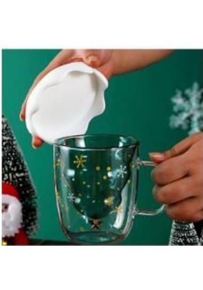 Linanware Çift Camlı Cidarlı Cam Bardak, Yeni Yıl Çam Ağacı Tasarımlı Kapaklı Kupa 250ml Dc154