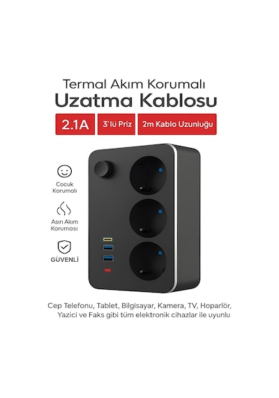 Elektrik Sigortalı Akım Korumalı 2-usb 1-pd Type-c 3'lü Priz 2 Me