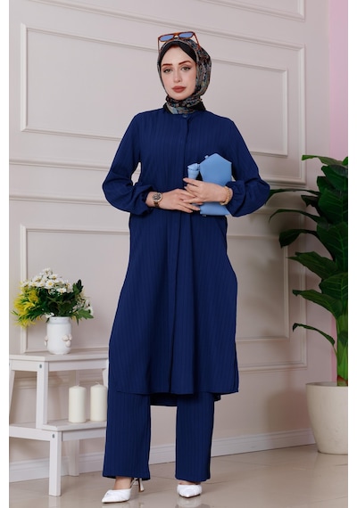 Sevitli Yırtmaç Detaylı Tunik Pantolon Takım-lacivert-4863