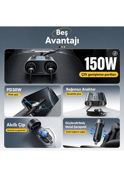Essager 150w Çift Çakmaklık Çoğaltıcı Araç Şarj Adaptörü 3 Usb 2 Type-c 12-24v Araç Çakmaklık Çoğaltıcı