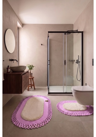 Banyo Paspası Takımı 60x100+40x60 Cm Dış Trikot Bej & Pembe