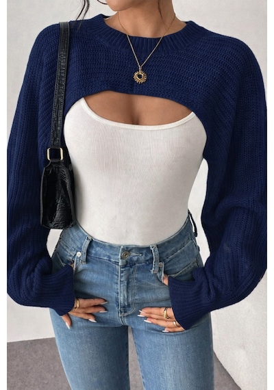 Tarz Cool Kadın Lacivert Dekolteli Crop Triko Bolero Lacivert