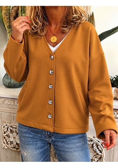 Butik İstanbul Kadın Düğme Detaylı V Yaka Oversize Camel Ceket / Hırka