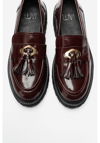 Luvi Shoes Marsy Bordo Rugan Hakiki Deri Püsküllü Kadın Loafer Ayakkabı