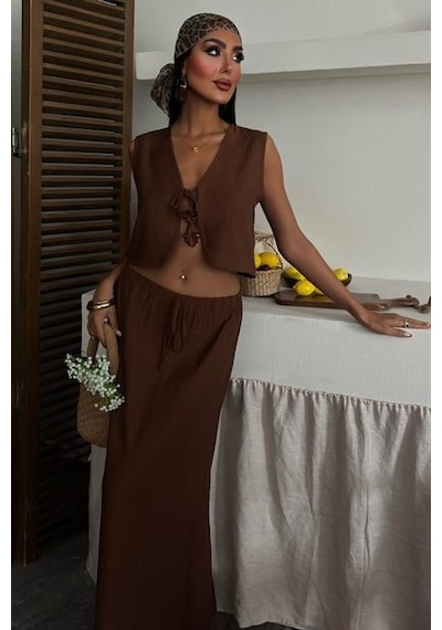 Moderie Butik Yelek Önden Bağlamalı Uzun Etekli Takım 10192 Kahverengi