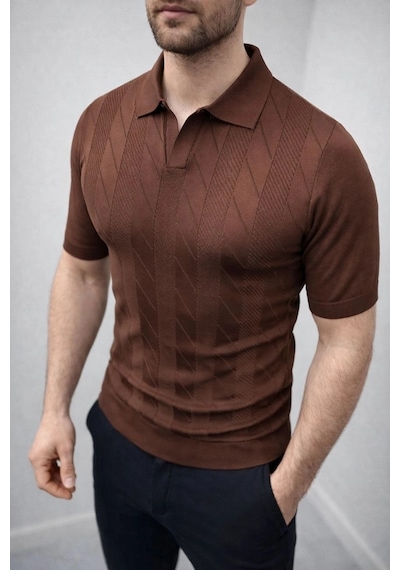 Erkek Yazlık Triko Dokuma Tişört Kısa Kol Polo Yaka T-shirt - Kahverengi