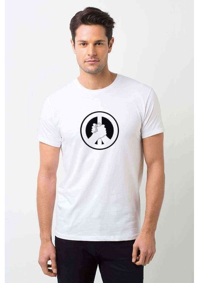 Silhouette Peace Logo Baskılı Beyaz Erkek Tshirt