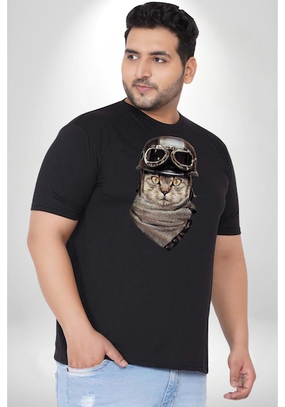 Angemiel Kasket Bandana Motorcu Kedi Siyah Büyük Beden Erkek Kadın Unisex Basic Ön Baskılı Tişört Siyah