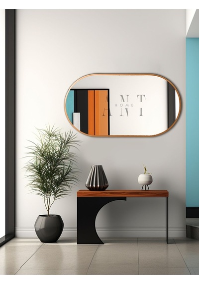 Dekoratif Ayna Duvar Aynası Konsol Aynası Mdf Elips Ayna 90x50 Cm 90 X 50 Bronz