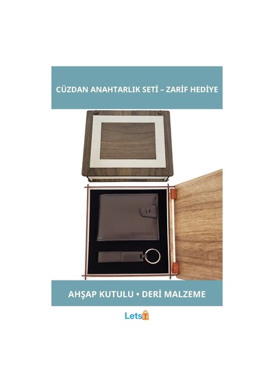 Ahşap Kutulu Deri Cüzdan Ve Anahtarlık Seti Şık Ve Fonksiyonel 1 Adet