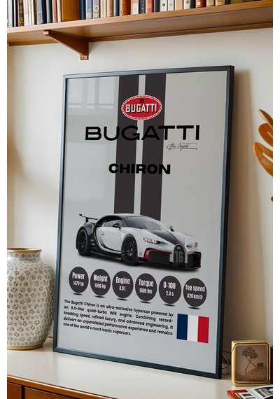 Bugatti Chiron Hiper Araba Tablosu - Teknik Özellikli Otomobil Poster - Çerçeveli Duvar Dekoru Siyah