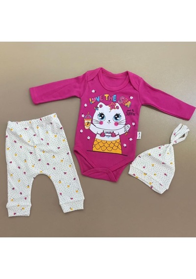 Mnk Baby & Kids Kukuleta Şapkalı Badili 3lü Bebek Takımı Mnk0370 Fuşya