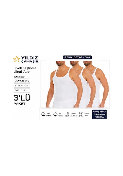 Yıldız Çamaşır Erkek Kaşkorse Likralı İnce Askılı Atlet 310-311-312 - 3 Adet Beyaz
