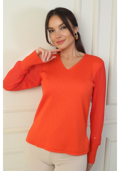 By Saygı Kadın Kolları Şifon V Yaka Kazak-39643 Mercan