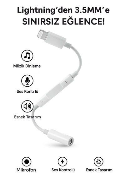 Apple Uyumlu iPhone iPad  8 Pin Lightning Aux Çevirici - 3.5 Mm Kablodan Kontrollü Jack Kulaklık Adaptörü 1 Adet