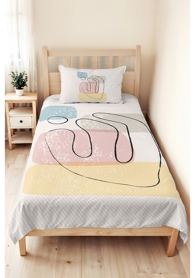 Soyut Geometrik Pastel Genç Odası Tek Kişilik Pike Takımı - Modern Sarı Gri 160x220 Cm Yatak Örtüsü Gizli Şafak Zemini