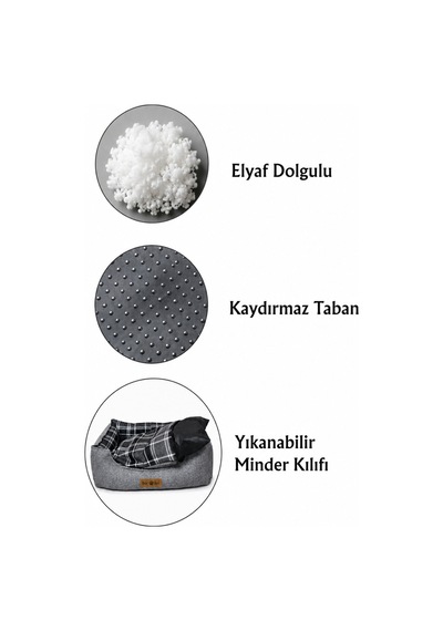 Premium Kedi Ve Köpek Yatağı Kafa Destekli Kaydırmaz Taban Yıkanabilir Fermuarlı Çift Taraflı Minder %100 Boncuk Elyaf Gri 1604540295