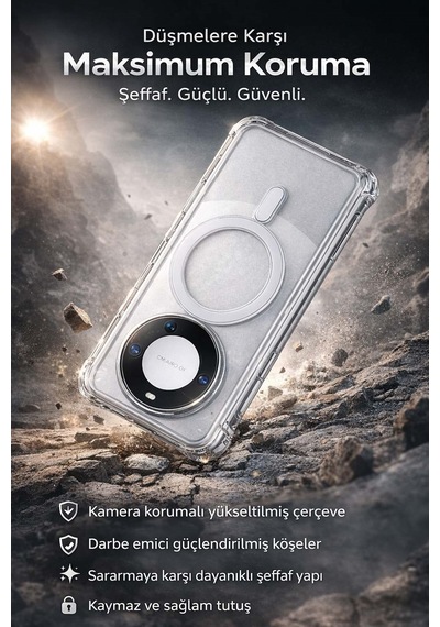 Huawei Mate 60 Pro Uyumlu Kamera Korumalı Magsafe Wireless Şarj Özellikli Lüks Şeffaf Silikon Telefon Kılıfı Şeffaf
