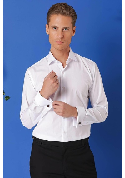 Efor Slim Fit Duble Manşet %100 Pamuk Klasik Beyaz Gömlek Gk 682 Beyaz