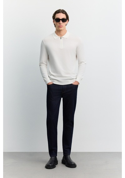 Avva Erkek Ekru Polo Yaka Fermuarlı Rayon Tüylenmeyen Basic Triko Regular Fit Kazak B005150