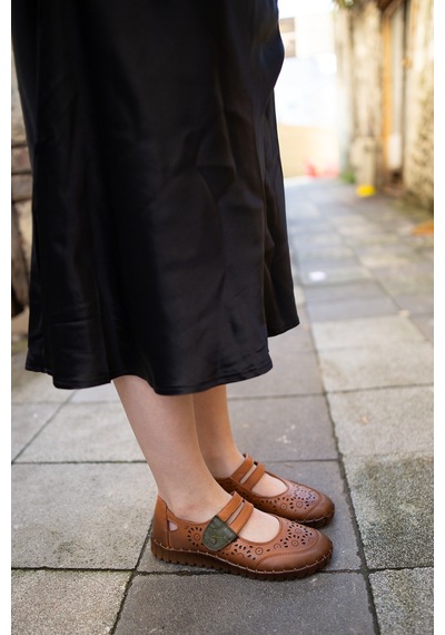 Venüs 2010728 Eren Shoes&bag Hakiki Deri Çift Bantlı Cırtlı Saraç Taba