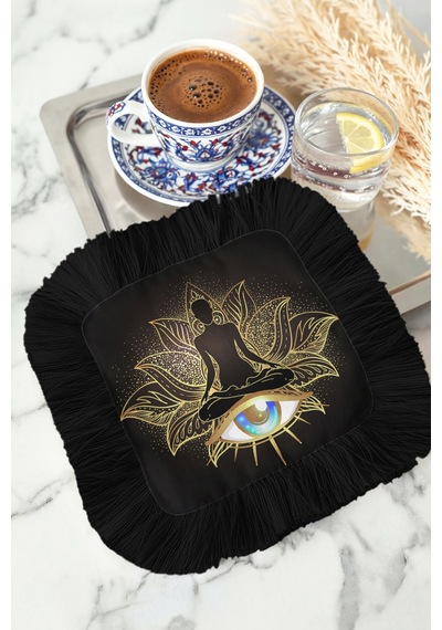 Lotus Meditasyon Saçaklı Sunum Peçetesi - Mistik Göz Harman Bohem Siyah Bardak Altlığı Mendil Çok Renkli