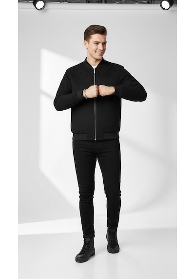Plus Scorpion Erkek Süet Mont Ceket Fermuarlı, Bomber Kesim, Slim Fit Siyah
