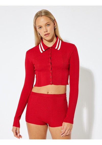 Koton Polo Yaka Biyeli Düğmeli Dokulu Slim Fit Hırka Kırmızı 5wal90087ıt Kırmızı