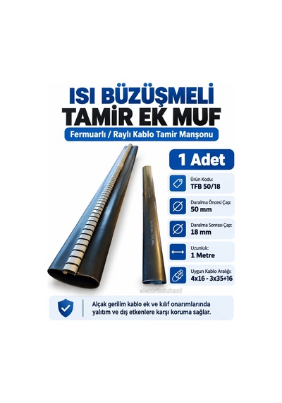 Tamflex 50mm/18mm 1mt Fermuarlı Yer Altı Kablo İçin Isı Büzüşmeli Tamir Ek Muf Borusu 4x16 - 3x35+16