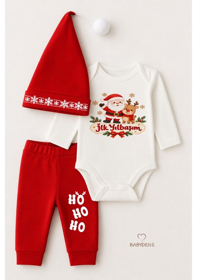 Babyden's Bebek Yılbaşı Takımı İlk Yılbaşım Baskılı Noel Kıyafeti %100 Pamuk 3'lü Body Pantolon Noel Şapkası Yılbaşı Kostüm Kırmızı
