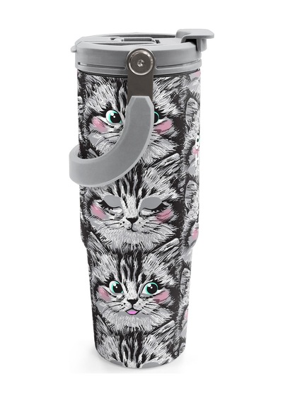 Coral High Gri Kedi Desenli Pipetli Ve Direkt İçim Çelik Termos 900 Ml 38711 Gri