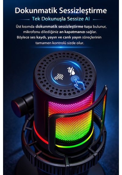 Exenar - Siyah - Condenser Yayıncı Mikrofonu Profesyonel Rgb Pc/ps4/ps5 Gamer Oyuncu Tiktok Youtube İnstagram Mikrofon