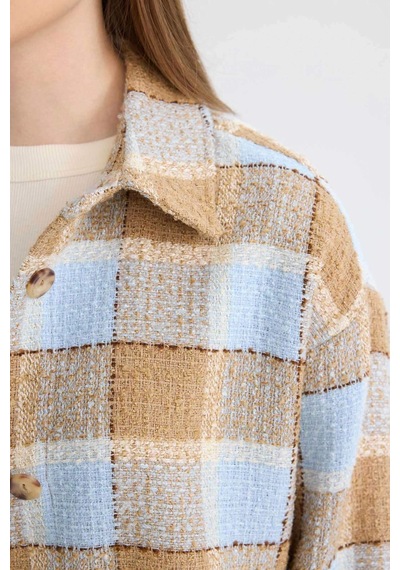 Defacto Relax Fit Gömlek Yaka Kareli Flanel Uzun Kollu Gömlek Tunik D4774AX24AUBE409 Mavi