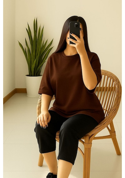 Düz Oversize Unisex Tişört Yb6 Kahverengi