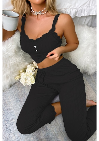 Merry See Dantel Askılı Ribanalı Crop Ve Uzun Dantel Paça Pijama Takımı Siyah