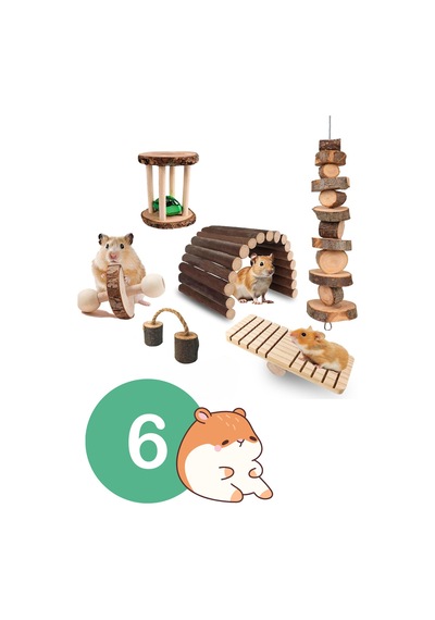 Doğal Ahşap Kemirgen Seti 6 Parça - Hamster, Gine Pig, Tavşan, Çinçilla İçin Kafes Aksesuarları