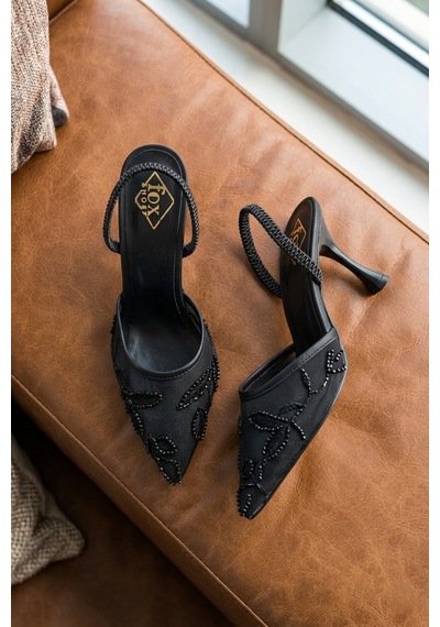 Fox Shoes Y752276315 Siyah File Boncuk İşlemeli İnce Topuklu Kadın Ayakkabı