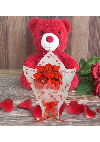 Sevimli 35 Cm Peluş Ayı İle Premium Yumoş Kırmızı Peluş Ayıcık Buketi