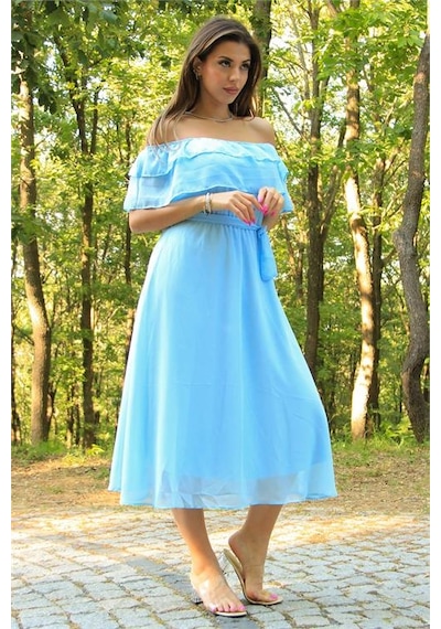 Neşeli Butik Kadın Bebe Mavisi Kuşaklı Madonna Yaka Baby Shower Elbise Nb8060 Bebe Mavisi