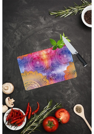 Mavi Turuncu Mandala Desenli Cam Kesme Tahtası 20 Cm X 30 Cm