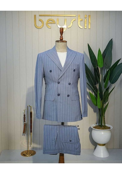 Bys Beystil Sivri Yaka Mavi Çizgili Kruvaze Takım Elbise 53151 - Slim Fit