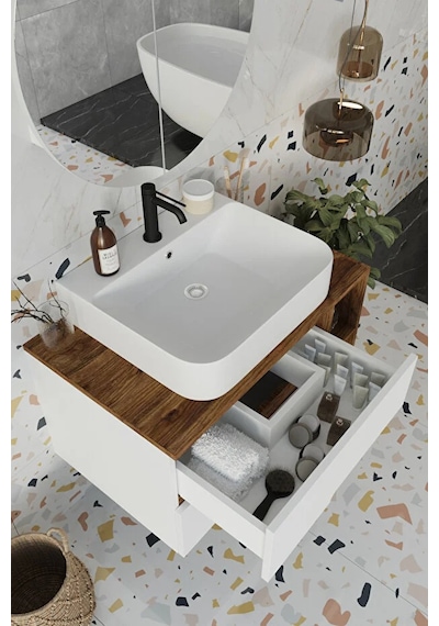 Koza Beyaz 80 Cm Banyo Dolabı+ayna+lavabo Beyaz