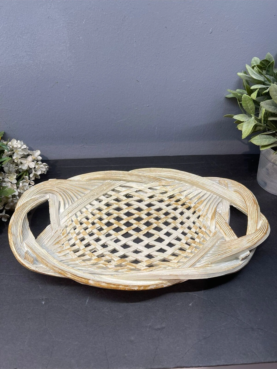 Dekoratif Polyester Tekli Hasır Sunumluk Tepsi Krem Gold Eskitme