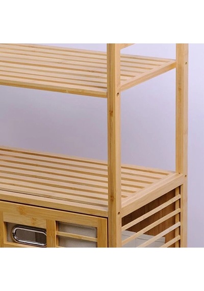 İbico İ21-150 Kalın Bambu Kirli Çamaşır Sepeti 80x33x87 Cm - 2 Bölmeli Önden Çek Aç Organizer Raflı