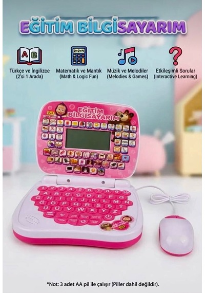 100 Fonksiyonlu Türkçe İngilizce Eğitim Bilgisayarı 2ın1 Set Eğitici Bilgisayar Ve Mouse Laptopu Mor