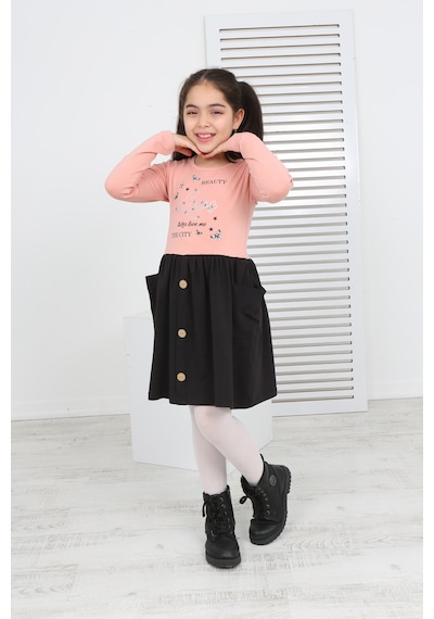 Toontoy Kız Çocuk Beauty Love Baskılı Elbise Pudra