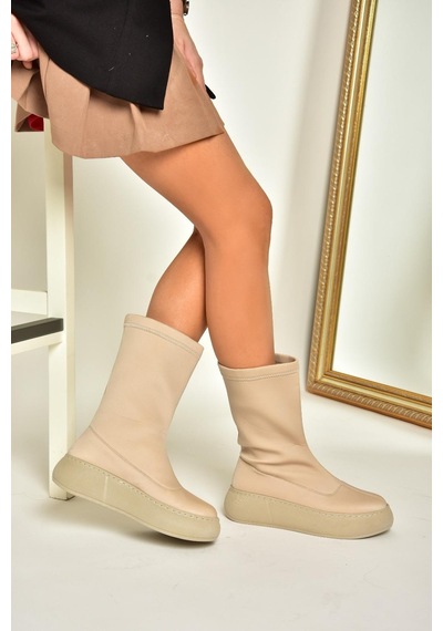 Fox Shoes T811230904 Bej Kumaş Kalın Tabanlı Kadın Bot Bej-kumaş Bej